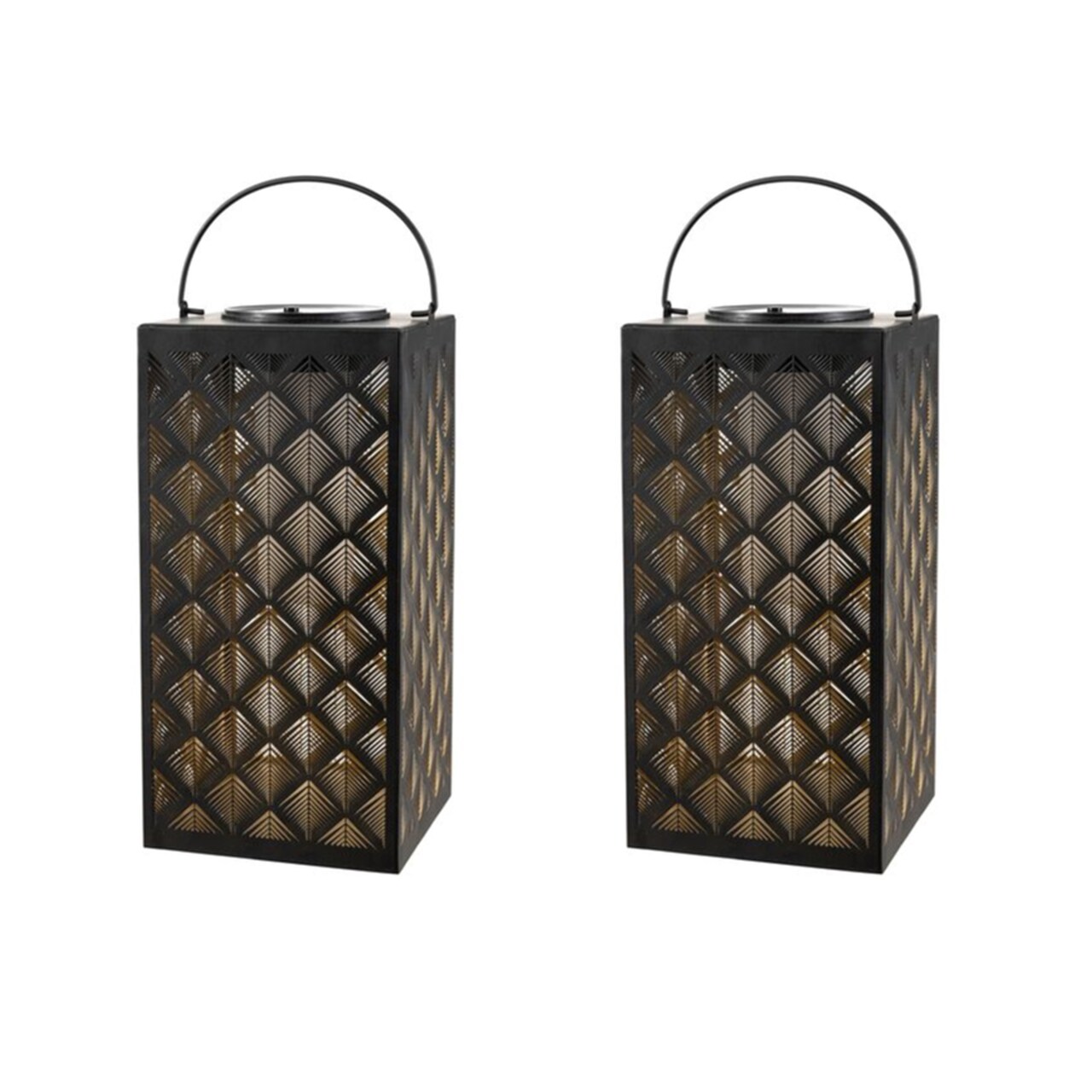 Set of 2 11"H Black Square Textured Glass Pattern Solar Powered Hanging Lantern with LED Light
